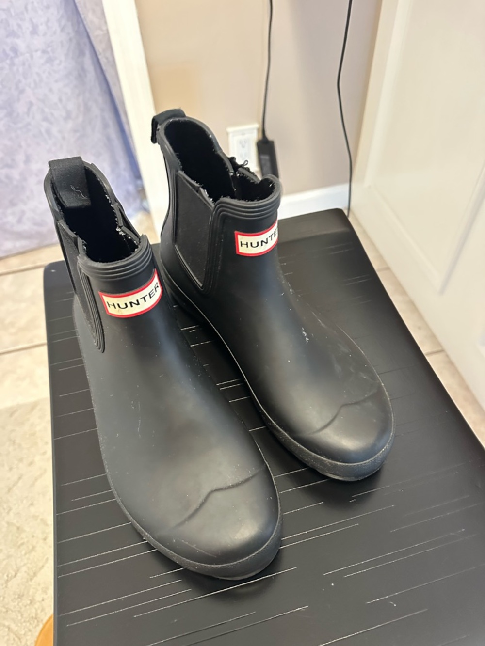Hunter Black Chelsea Rain Boots with Red Logo